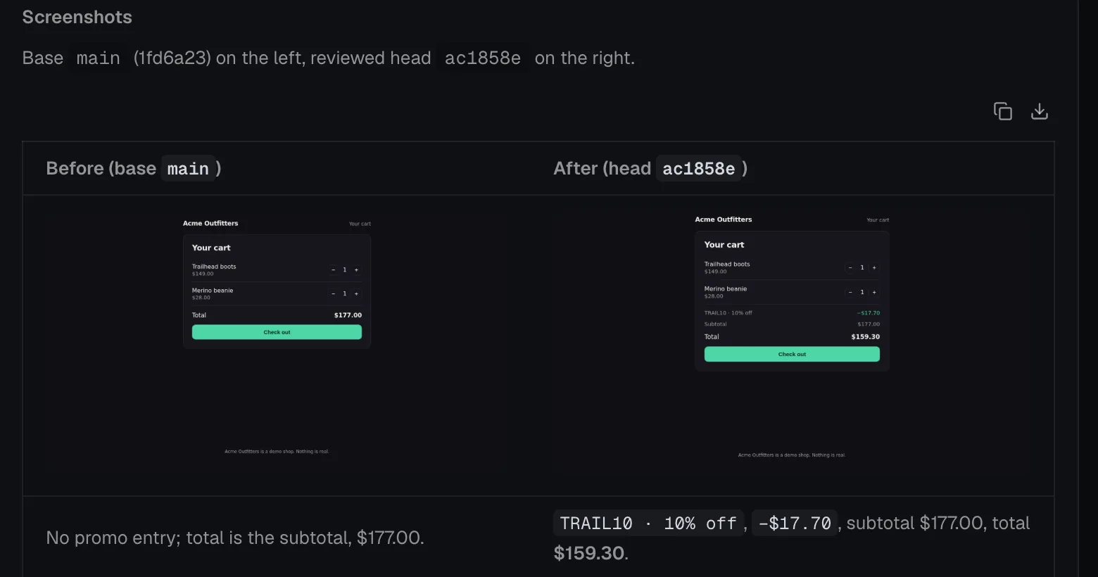 The Screenshots section of the review body: a before and after pair of the shop cart, base main with a 177.00 dollar total beside the reviewed head with the promo row and a 159.30 dollar total.
